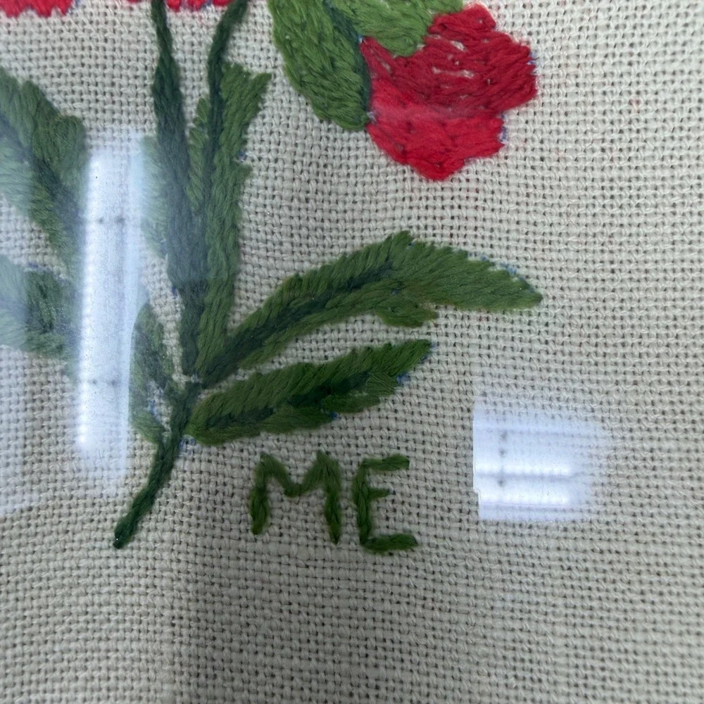Vintage 1980 Handmade Floral‎ Embroidery Hand Made Wood Frame Art Signed ME